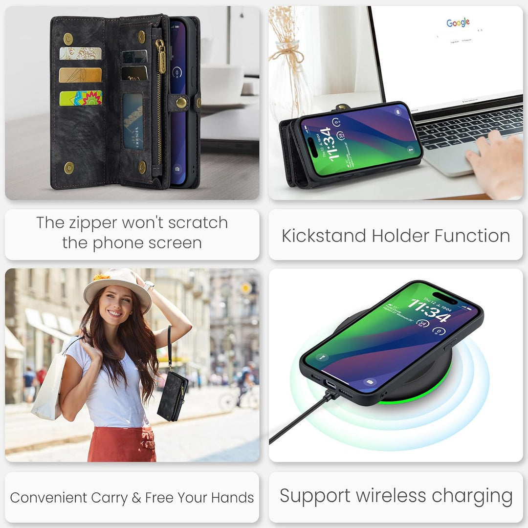 UFinetech für iPhone 15 Hülle, Flip Leder TPU Stossfest Kartenfach Tasche Handyhülle für iPhone 15,