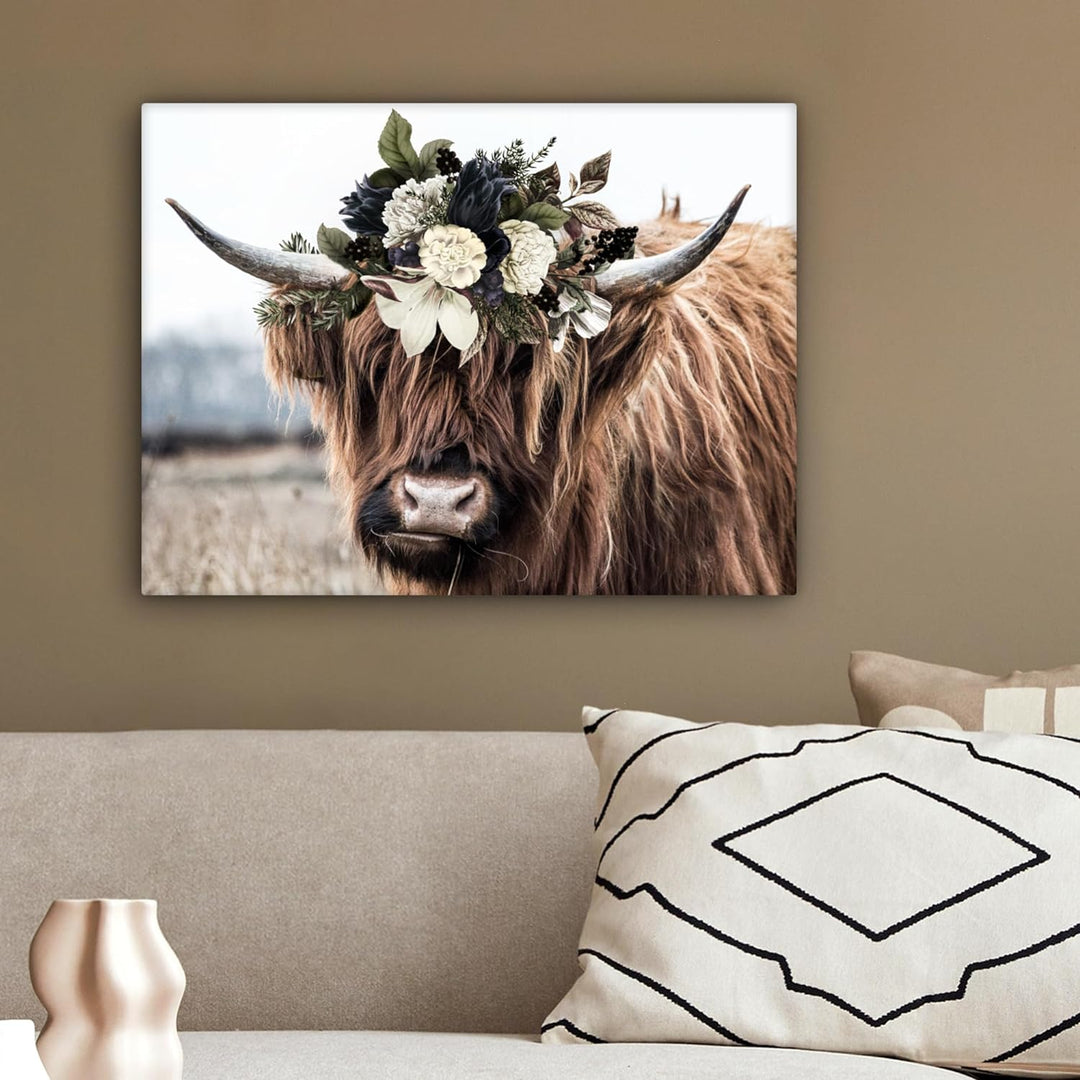 MuchoWow Leinwand Bilder, Einzigartige Wanddeko mit Rahmen, Schottische Highlander - Blumen - Hoorn,