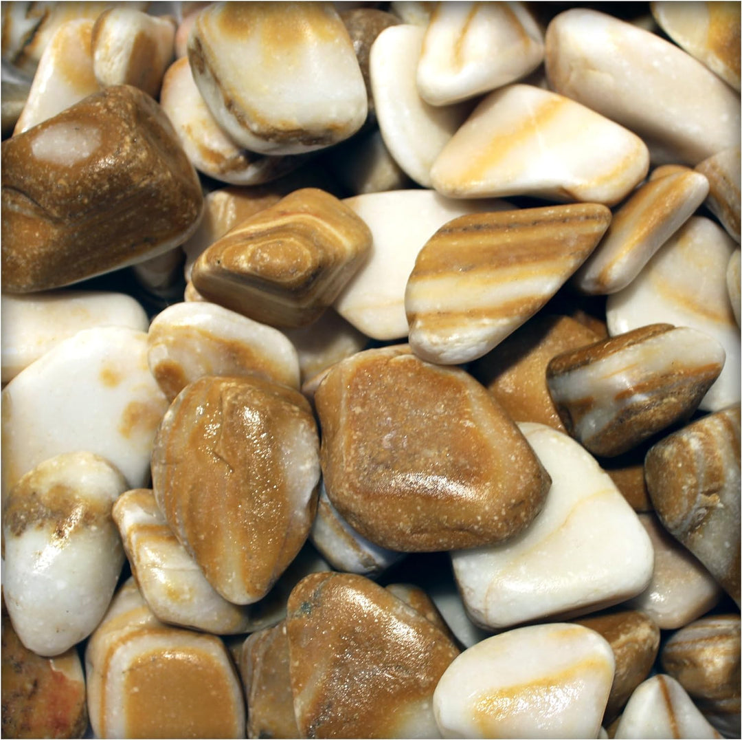 Kieskönig Flusskiesel Zierkies Cream Candy Garten Ziersteine Gartenteich gelb gestreift 25 kg Sack,