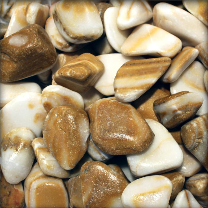 Kieskönig Flusskiesel Zierkies Cream Candy Garten Ziersteine Gartenteich gelb gestreift 25 kg Sack,