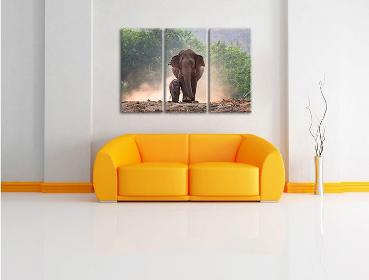 Pixxprint Elefantenbaby mit Mutter / 3-Teilig/Gesamtmass 120cm Leinwandbild bespannt auf Holzrahmen/