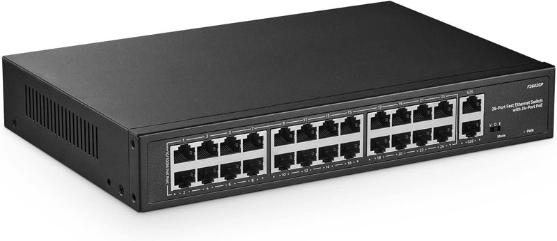 YuLinca 24 Port PoE Switch, 10/100Mbps PoE+ Ports, 2 Gigabit Ethernet Uplink, IEEE802.3af/at, Max 30