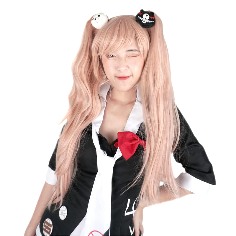 Perücke von Junko Enoshima für Danganronpa Fans | Cosplay Wig mit Monokuma Haarspangen | Rosa