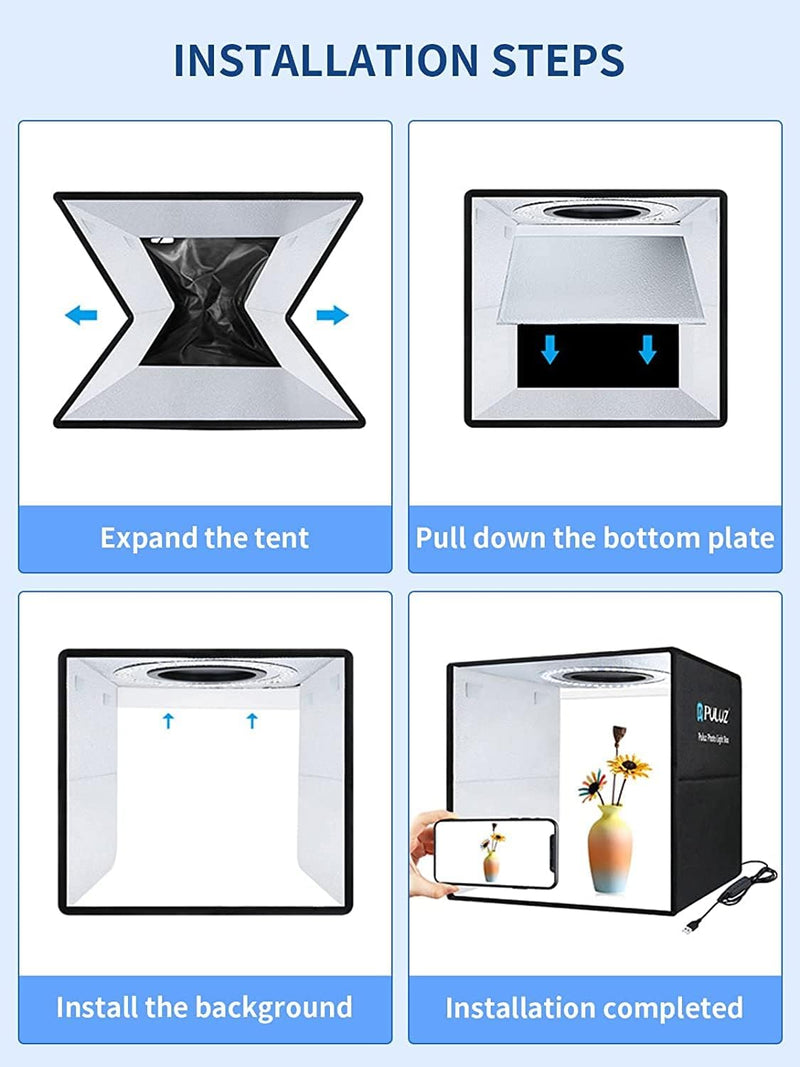 OBEST Foto-Lichtbox, 30 x 30 x 30 cm, tragbar Photobox Lichtzelt Kit, faltbar, Fotostudio mit 120 LE