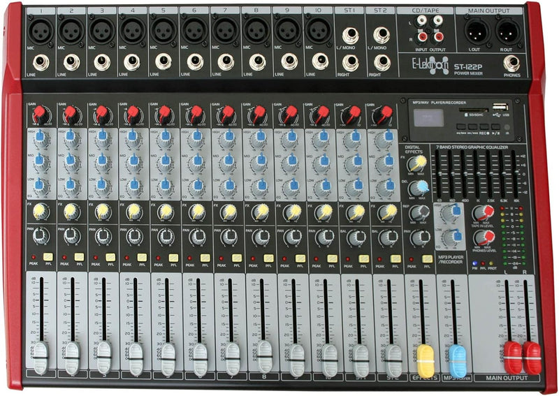 E-Lektron ST-122P Live Power-Mixer 12-Kanal + Stereo MP3/Bluetooth-Kanal Bluetooth Mischpult inkl. 2