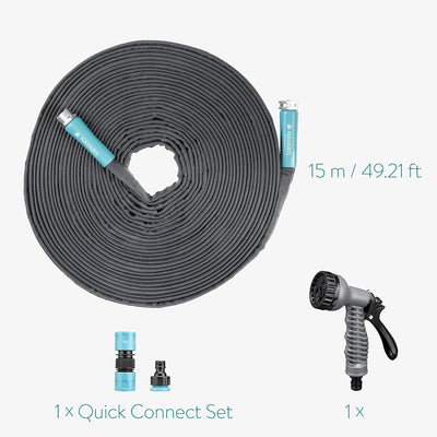 Navaris Flexibler Gartenschlauch 15m - Flachschlauch mit Brause und Schnelladaptern - Wasserschlauch