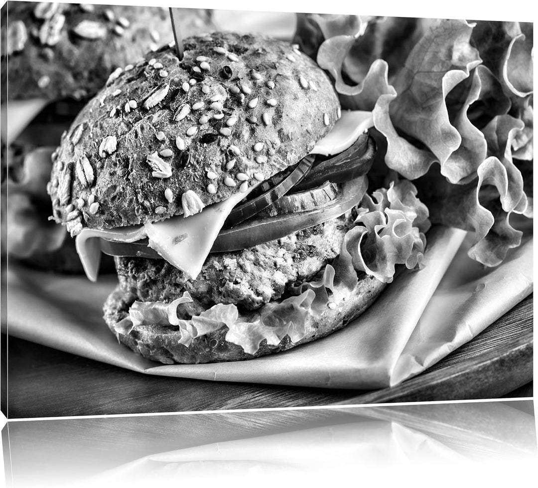 Pixxprint Monocrome, Köstlicher Hamburger als Leinwandbild/Grösse: 100x70 / Wandbild/Kunstdruck/fert