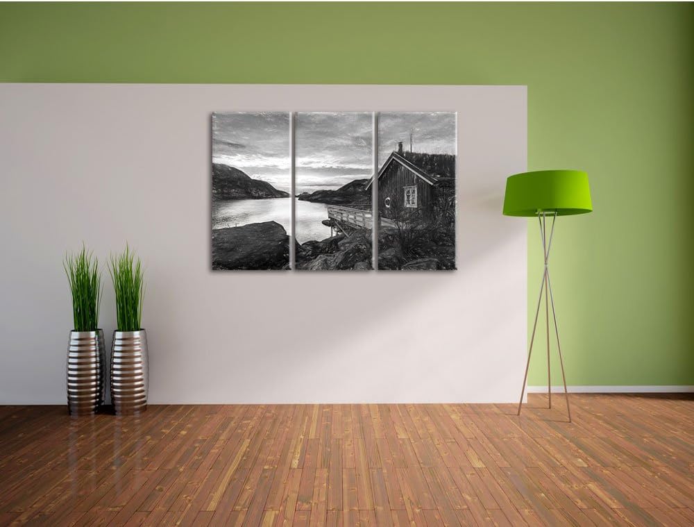Pixxprint Sonnenaufgang am Fjord Norwegens / 3-Teilig/Gesamtmass 120cm Leinwandbild bespannt auf Hol