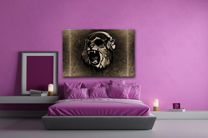deyoli brüllender Tiger mit Kopfhörern Format: 80x60 Effekt: Sepia als Leinwandbild, Motiv fertig ge