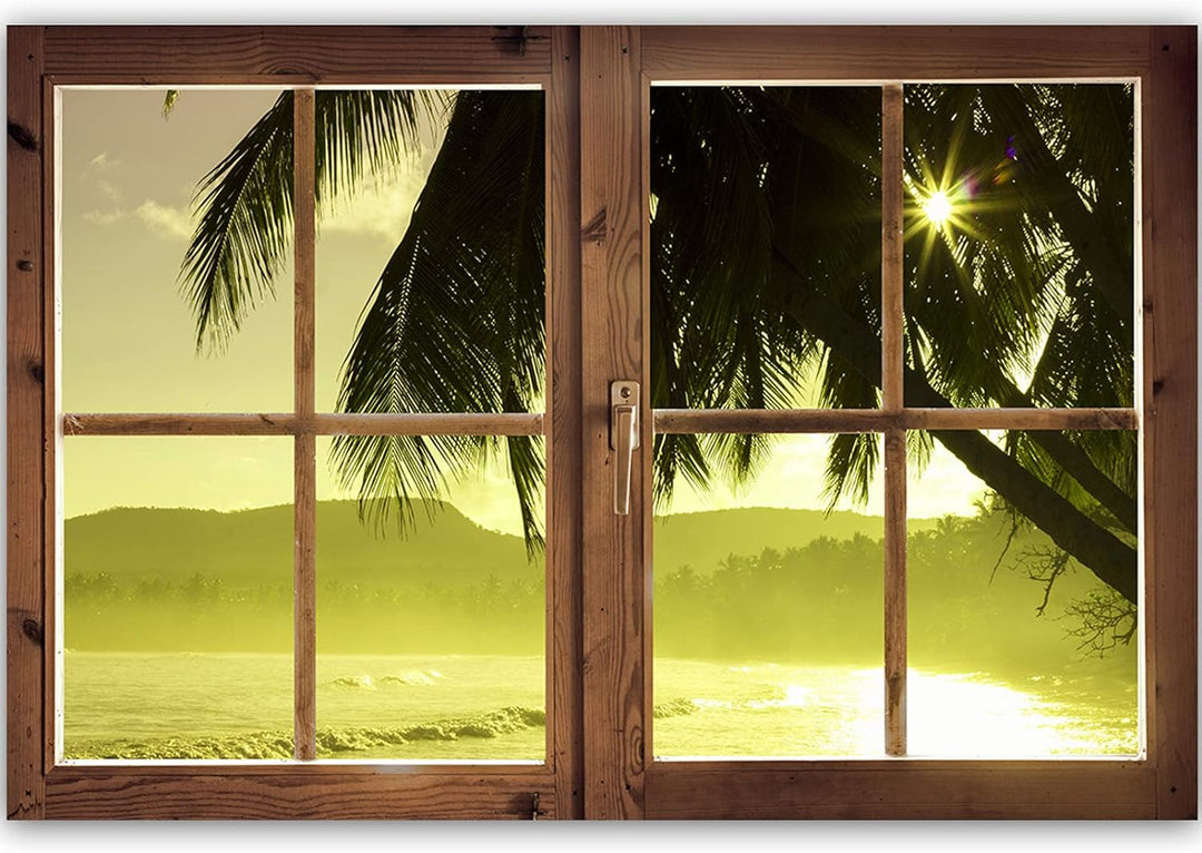 Febby Vlies Leinwandbild XXL Geschlossenes Fenster 3D-Illusion Tropen 120x80 cm Wandbild Kunst Bilde