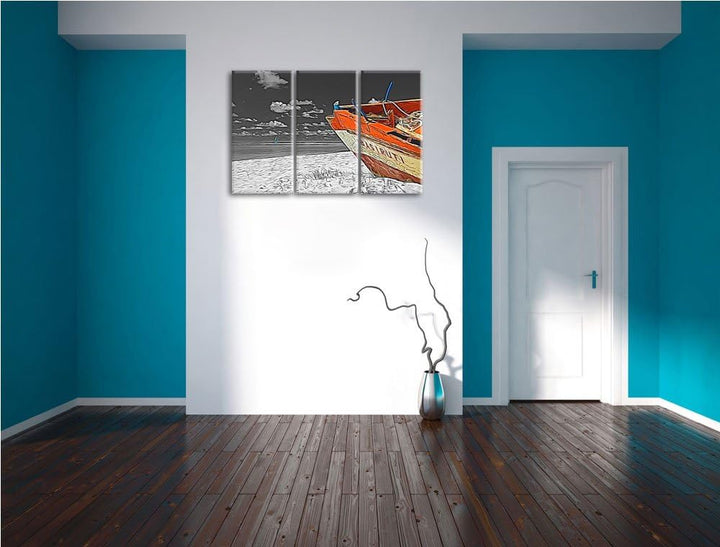 beeindruckendes Boot am Strand schwarz/weiss Deluxe 3-Teiler Leinwandbild 120x80 Bild auf Leinwand,