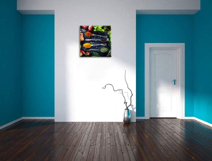Feine Gewürze auf Löffeln, Format: 70x70 auf Leinwand, XXL riesige Bilder fertig gerahmt mit Keilrah