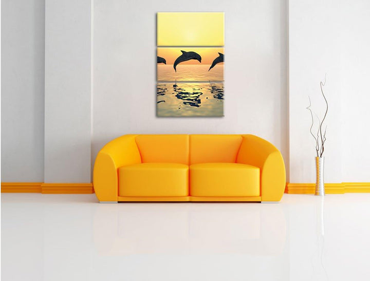 Pixxprint springende Delfine im Sonnenuntergang 3-Teiler Leinwandbild 120x80 Bild auf Leinwand