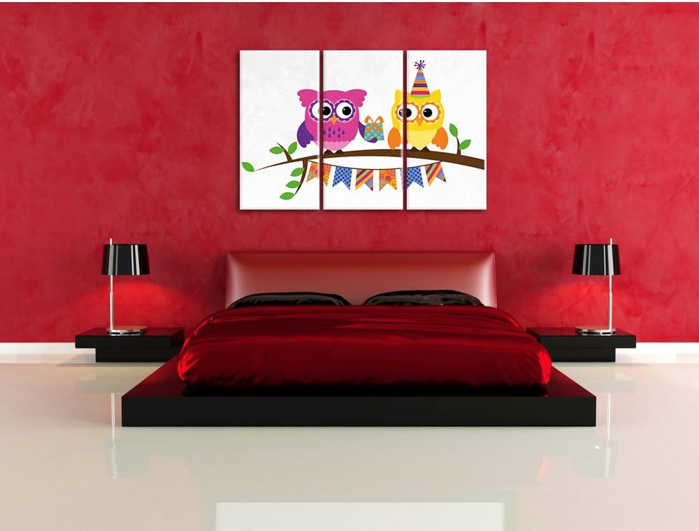 Pixxprint Eulen mit Geschenk auf AST als Leinwandbild/Grösse: 3 Teilig (120x80) cm/Wandbild/Kunstdru
