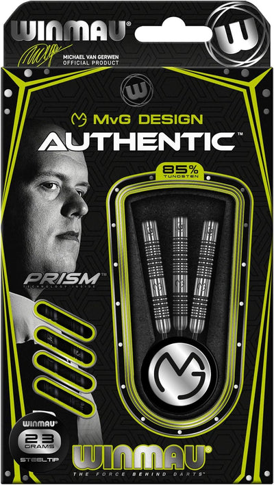 WINMAU Michael van Gerwen MvG Authentic Wolfram Steeltip Dart-Set mit Prismen-Flights und Schäften (