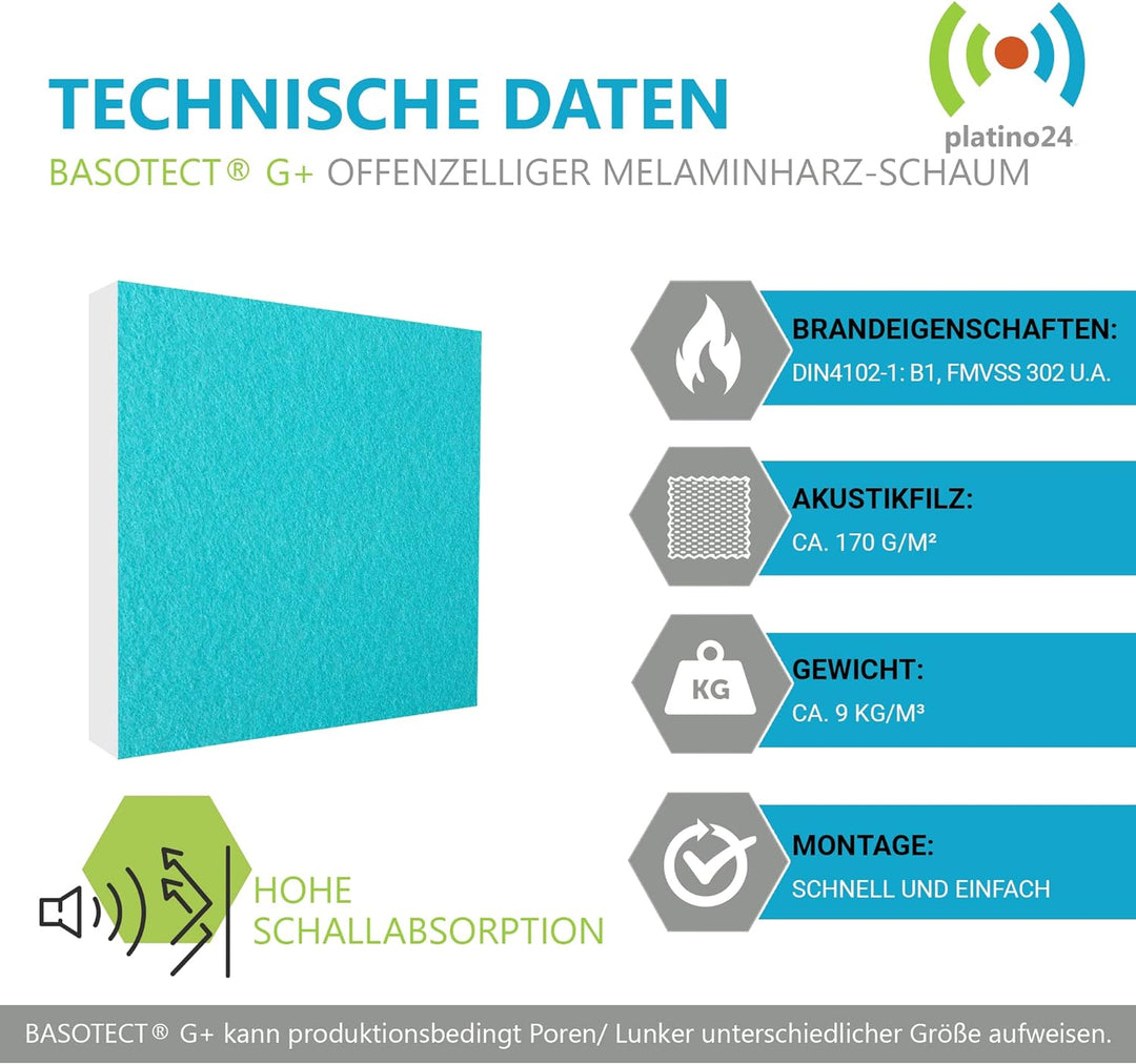 platino24 Schallabsorber 3D Set Colore aus Basotect G+ mit Akustikfilz, 6 Absorberelemente Quadrat 2