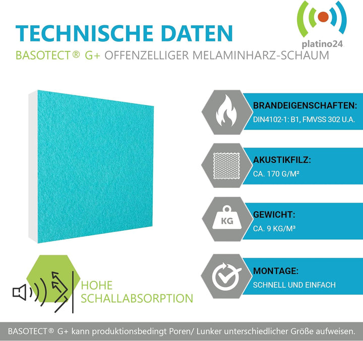 platino24 Schallabsorber 3D Set Colore aus Basotect G+ mit Akustikfilz, 6 Absorberelemente Quadrat 2