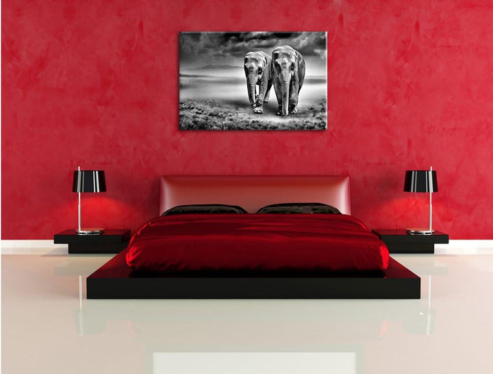 Pixxprint Elefanten in Steppe als Leinwandbild/Grösse: 100x70 / Wandbild/Kunstdruck/fertig bespannt,