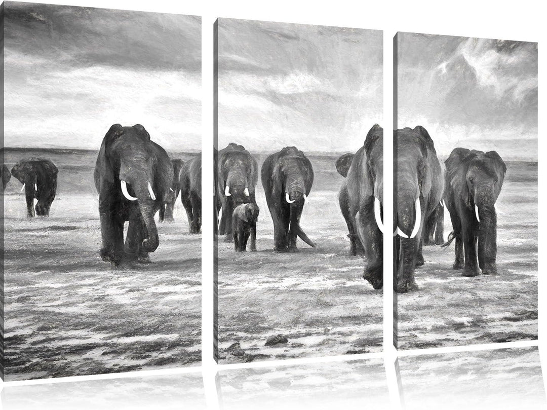 Pixxprint Elefanten Familie in der Savanne Kunst Kohle Effekt 3-Teiler Leinwandbild 120x80 Bild auf