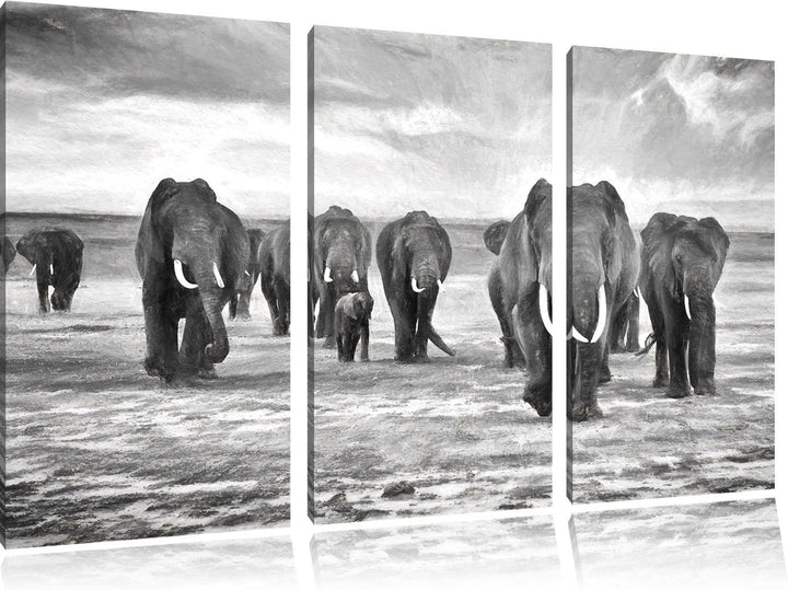 Pixxprint Elefanten Familie in der Savanne Kunst Kohle Effekt 3-Teiler Leinwandbild 120x80 Bild auf