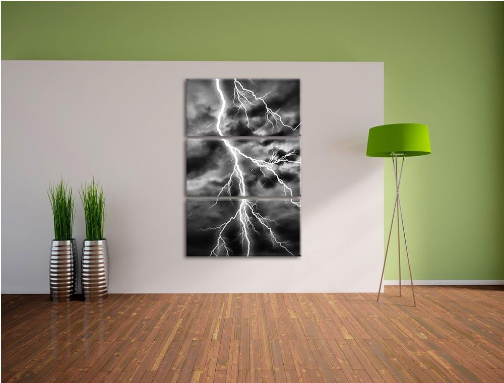 Pixxprint Monocrome, Gefährlicher Blitz am Gewitterhimmel 3-Teiler Leinwandbild 120x80 Bild auf Lein