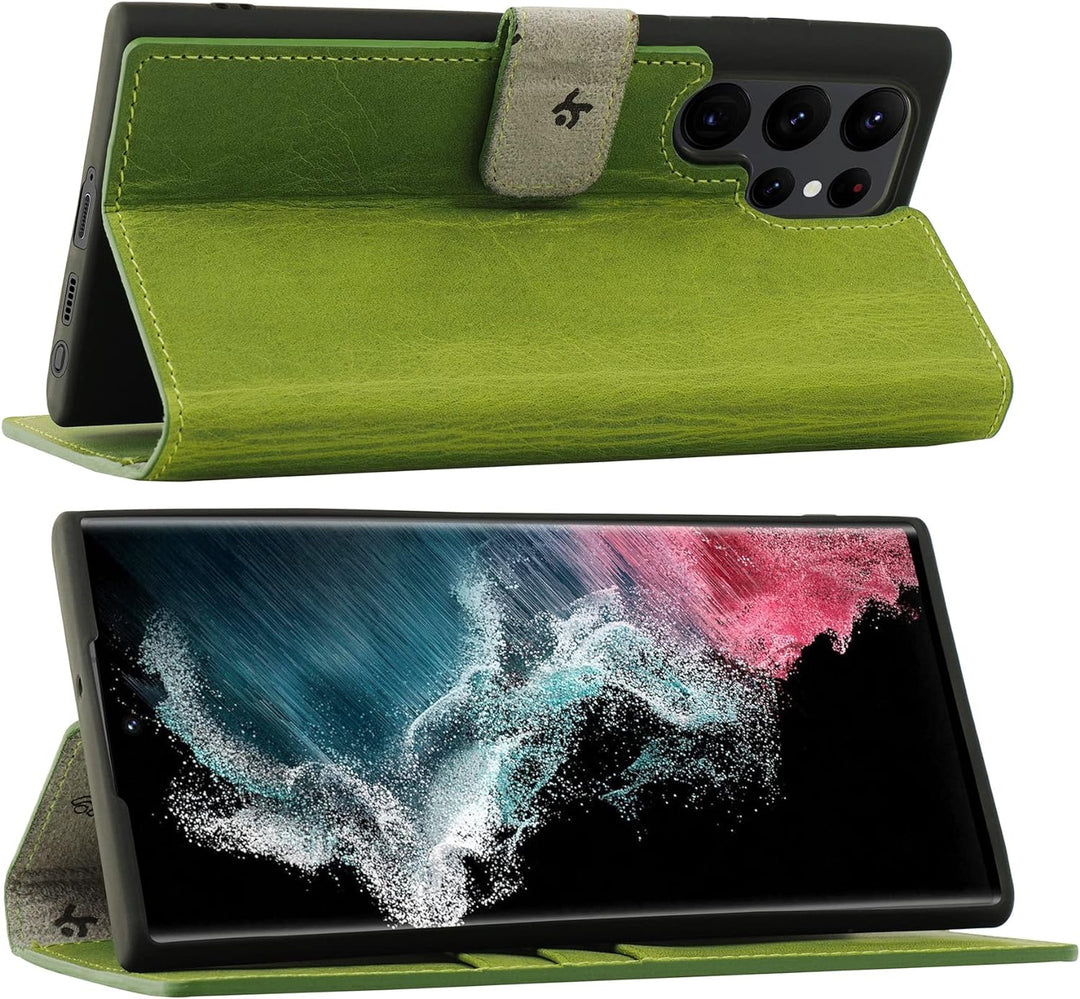 Suncase Book-Style Hülle kompatibel mit Samsung Galaxy S22 Ultra 5G Leder Tasche (Slim-Fit) Lederhül