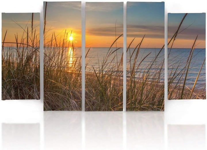 Feeby Frames, Leinwandbild Bilder Wand Bild - 5 Teile - Wandbilder Kunstdruck (Sonnenuntergang, GELB