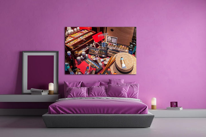 deyoli grosser Tisch mit Nähzeug Format: 80x60 als Leinwandbild, Motiv fertig gerahmt auf Echtholzra