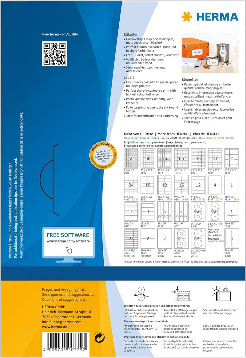 HERMA 10779 Universal Etiketten für Inkjet Drucker, 80 Blatt, 66 x 33,8 mm, 24 Stück pro A4 Bogen, 1