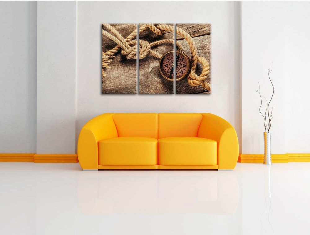 Pixxprint Schiffseil und Kompass auf Holzuntergrund 3-Teiler Leinwandbild 120x80 Bild auf Leinwand
