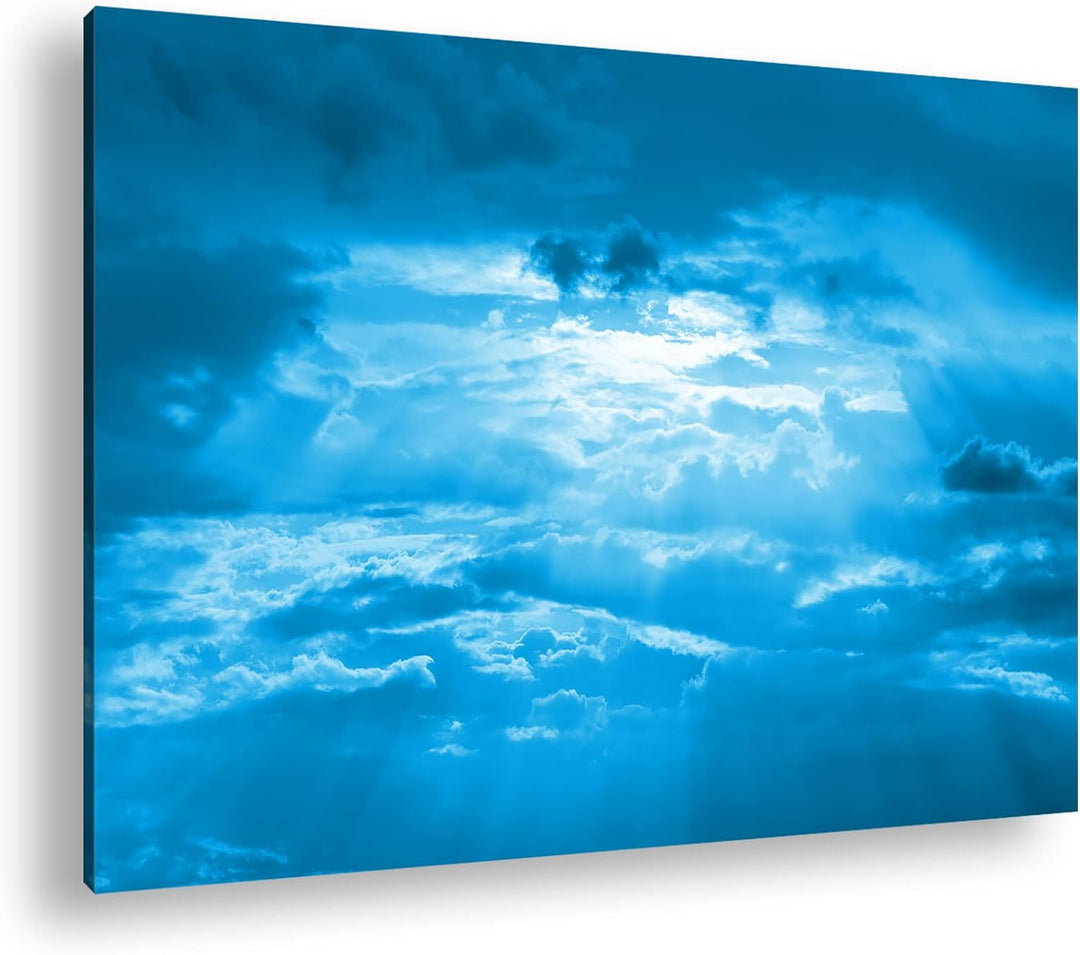 Licht bricht durch die Wolken Format 80x60 Effekt: Monocrome Blau als Leinwandbild, Motiv fertig ger