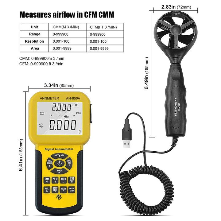 Handheld CFM CMM Windgeschwindigkeitsmesser, separates Anemometer messen Luftstrom Geschwindigkeit T