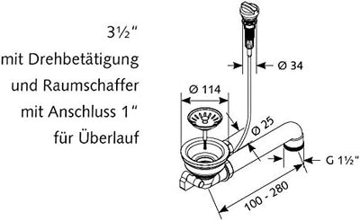 keenberk Spülenablauf Spülen-Siebkorbventil 3 1/2 Zoll - Ø 114 mm mit Seil-Drehbetätigung Drehexcent