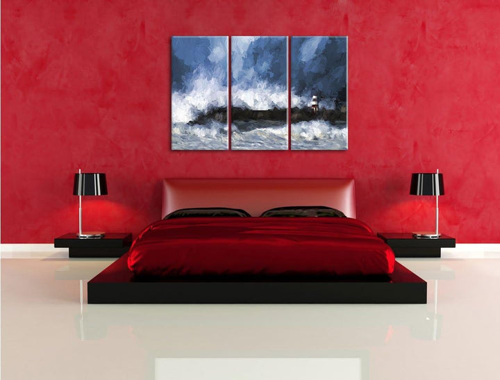 Pixxprint Tobendes Meer mit Leuchtturm als Leinwandbild | Grösse: 3 Teilig (120x80) | Wandbild| Kuns