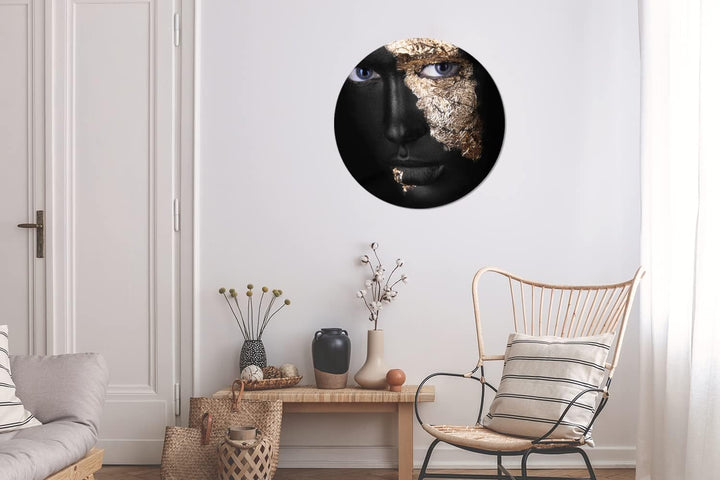 MuchoWow Wandbild Rund Wanddeko Deko Wohnzimmer Bilder 60x60 cm Frau - Gold - Schwarz, 60x60 cm