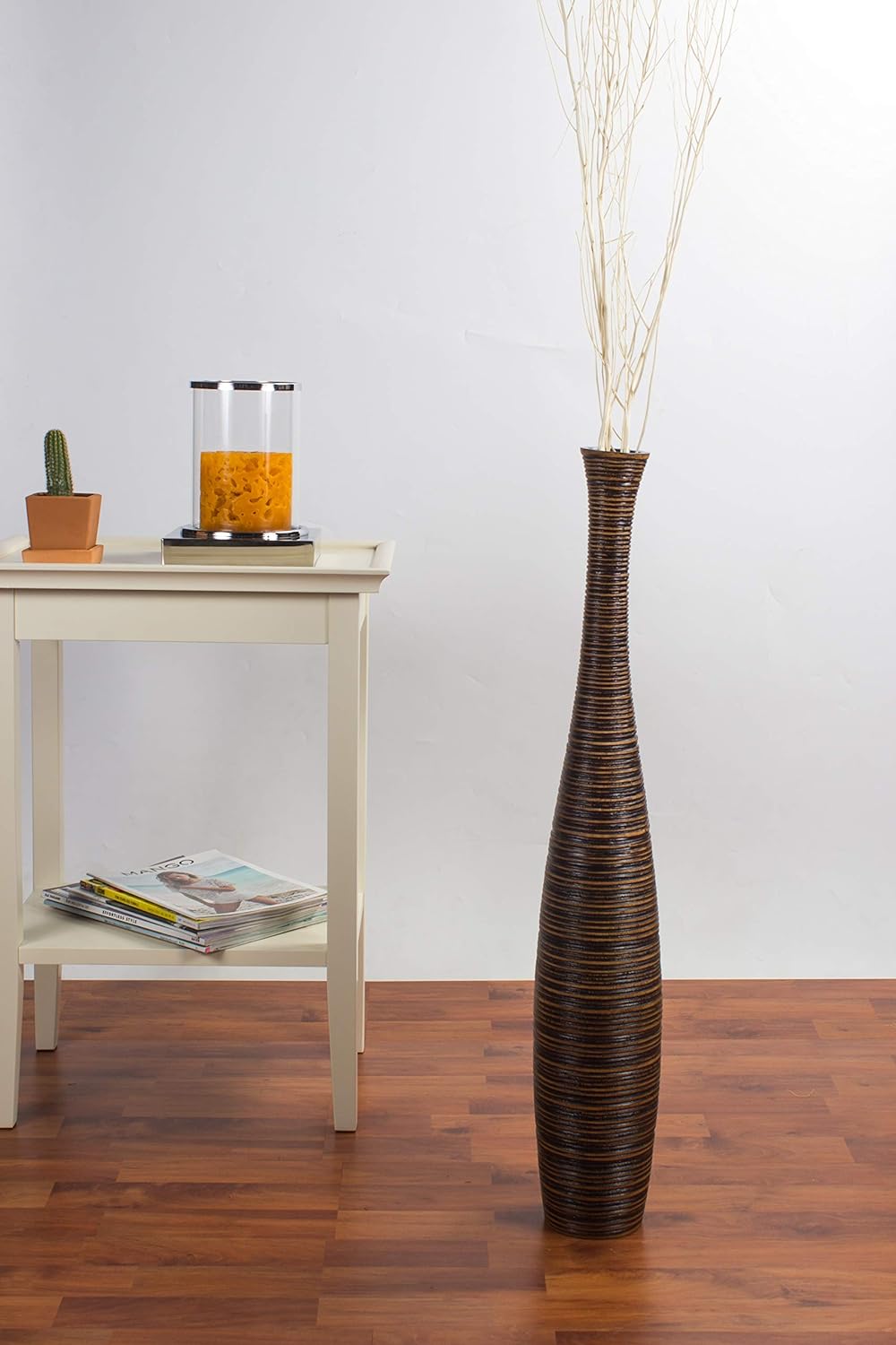 Leewadee Grosse Bodenvase für Dekozweige hohe Standvase Design Holzvase, Holz, 70 cm, Braun 70 cm Br