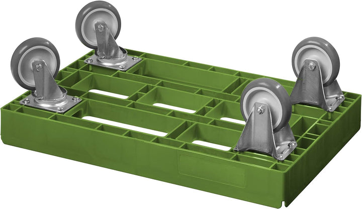 Transportroller für Kisten 60 x 40 cm mit 2 Bock- und 2 Lenkrollen in Grün