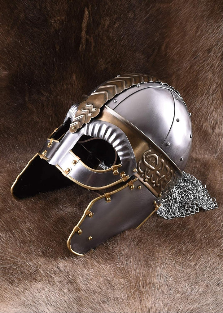 Battle-Merchant Brillenhelm Beowulf mit Wangenklappen und Kettenbrünne mit verstellbarem Lederinlay