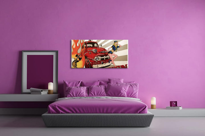 Feuerwehr Illustration Panorama 60x30 cm als Leinwandbild, Motiv fertig gerahmt auf Echtholzrahmen,