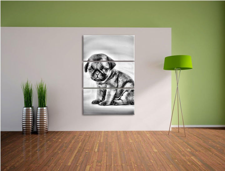 Pixxprint Monocrome, Kleiner Hundewelpe Mops als Leinwandbild 3 teilig/Grösse: 3 Teilig (120x80) / W