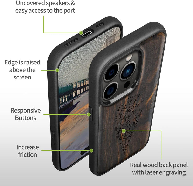 Carveit Magnetisch Hülle für iPhone 14 Pro Case [Elegante Schwarzholz] [Weich TPU Stossstange] Stoss