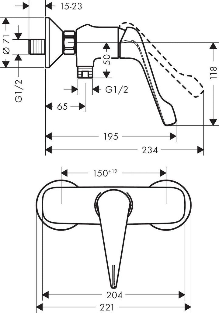 hansgrohe Duscharmatur Novus (Aufputz Duschmischer mit extra langem Griff, für 1 Funktion) Chrom Auf