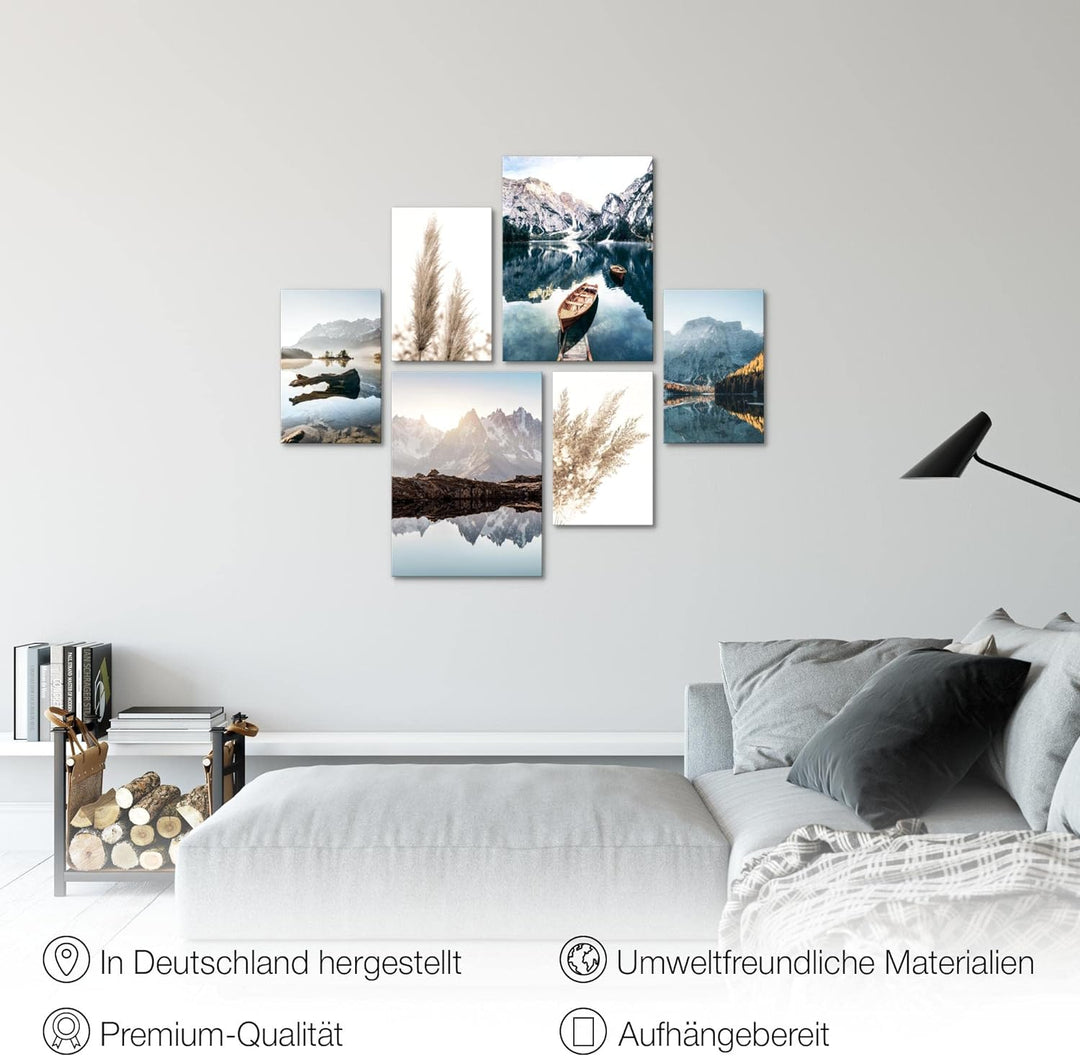 Novart Bilder Set - AUFHÄNGFERTIG - KEIN EXTRA RAHMEN BENÖTIGT - See Berge Modern Natur - Wohnzimmer