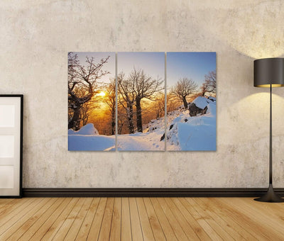 Bild auf Leinwand Winter Im Wald Bei Sonnenuntergang Wandbild Poster Kunstdruck Bilder Format: 130x8