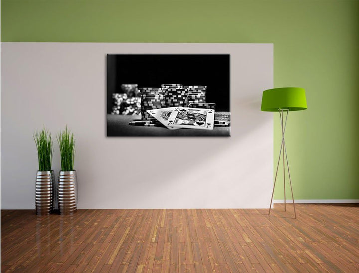 Pixxprint Monocrome, Pokertisch mit Karten in Las Vegas, Format: 100x70 auf Leinwand, 100x70
