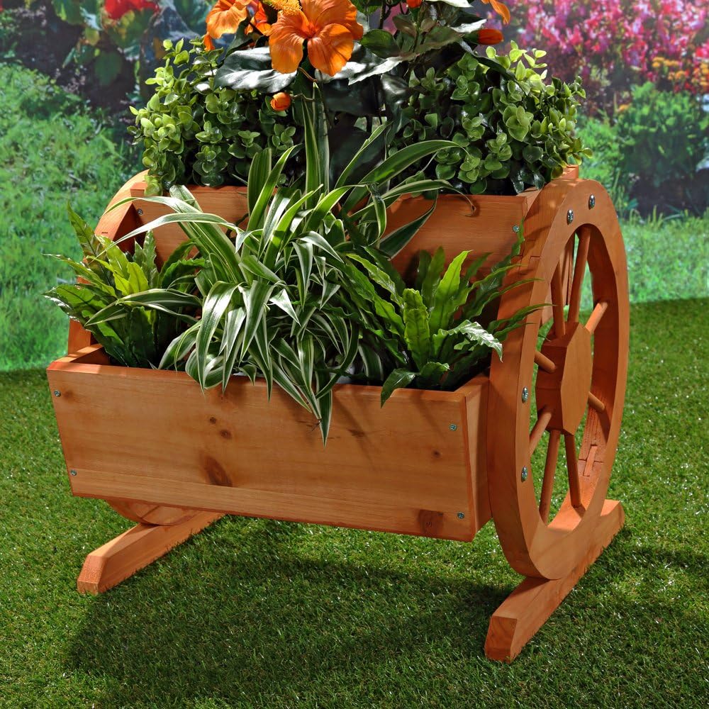 Melko Wagenrad Pflanzkübel aus Holz 44 x 42 x 40 cm – schöner Deko-Pflanzkübel mit grossen Wagenräde