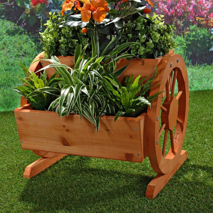 Melko Wagenrad Pflanzkübel aus Holz 44 x 42 x 40 cm – schöner Deko-Pflanzkübel mit grossen Wagenräde