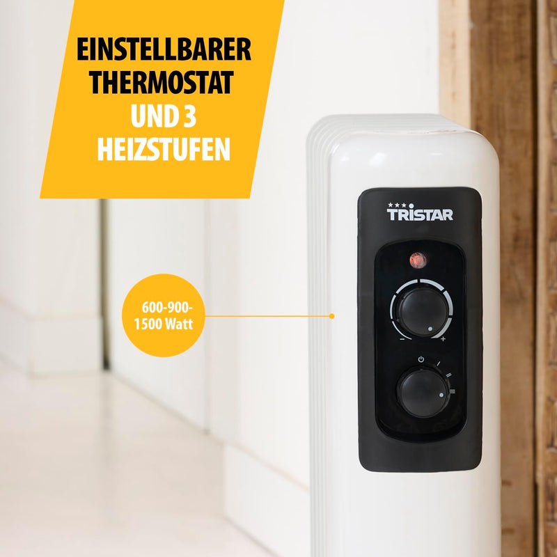 Tristar Ölradiator KA-5177 – 3 Heizstufen: 600-900-1500 Watt – Einstellbarer Thermostat – 7 Heizripp