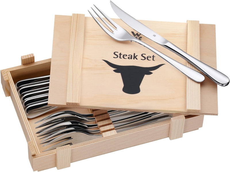 WMF Steakbesteck 12-teilig, Steakbesteck Set für 6 Personen, Steakmesser Set, Steakgabel, Cromargan