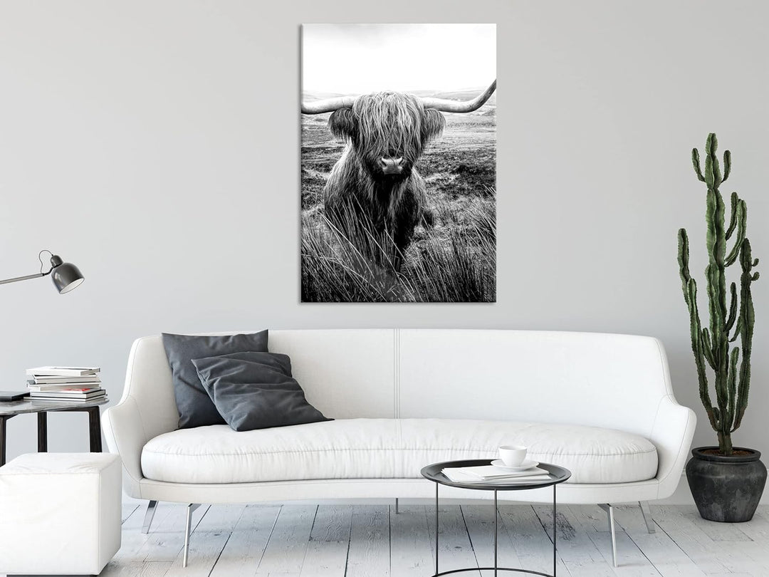 Pixxprint Glasbild | Wandbild aus Echtglas | Highland Rind mit grossen Hörnern Steppe, Monochrome |